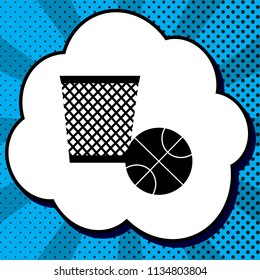 Trash sign illustration. Vector. Black icon in bubble on blue pop-art background with rays.