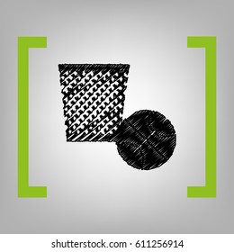Trash sign illustration. Vector. Black scribble icon in citron brackets on grayish background.