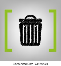Trash sign illustration. Vector. Black scribble icon in citron brackets on grayish background.
