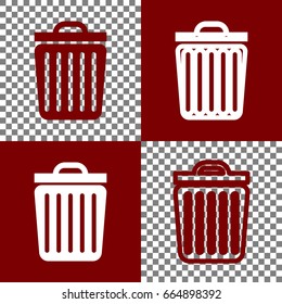 Trash sign illustration. Vector. Bordo and white icons and line icons on chess board with transparent background.