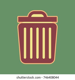 Trash sign illustration. Vector. Cordovan icon and mellow apricot halo with light khaki filled space at russian green background.