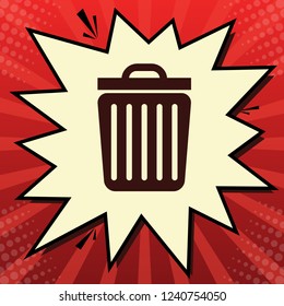 Trash sign illustration. Vector. Dark red icon in lemon chiffon shutter bubble at red popart background with rays.