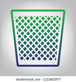 Trash sign illustration. Vector. Green to blue gradient contour icon at grayish background with light in center.