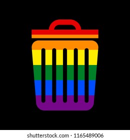 Trash sign illustration. Vector. Icon with colors of LGBT flag at black background.