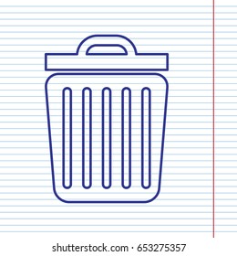 Trash sign illustration. Vector. Navy line icon on notebook paper as background with red line for field.