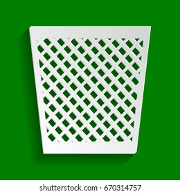 Trash sign illustration. Vector. Paper whitish icon with soft shadow on green background.