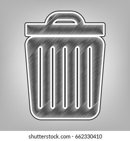 Trash sign illustration. Vector. Pencil sketch imitation. Dark gray scribble icon with dark gray outer contour at gray background.