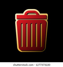 Trash sign illustration. Vector. Red icon with small black and limitless shadows at golden sticker on black background.
