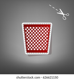 Trash sign illustration. Vector. Red icon with for applique from paper with shadow on gray background with scissors.
