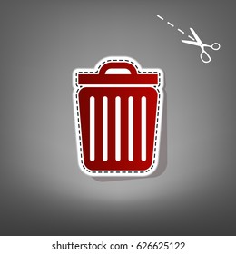 Trash sign illustration. Vector. Red icon with for applique from paper with shadow on gray background with scissors.