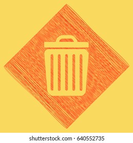 Trash sign illustration. Vector. Red scribble icon obtained as a result of subtraction rhomb and path. Royal yellow background.