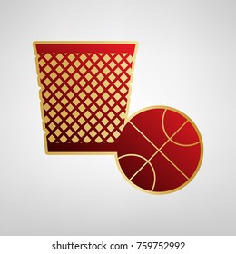 Trash sign illustration. Vector. Red icon on gold sticker at light gray background.
