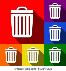 Trash sign illustration. Vector. Set of icons with flat shadows at red, orange, yellow, green, blue and violet background.
