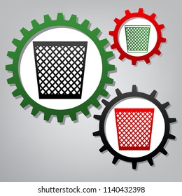 Trash sign illustration. Vector. Three connected gears with icons at grayish background.