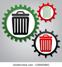 Trash sign illustration. Vector. Three connected gears with icons at grayish background.