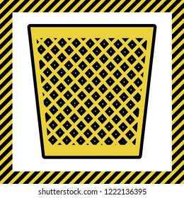 Trash sign illustration. Vector. Warm yellow icon with black contour in frame named as under construction at white background. Isolated.
