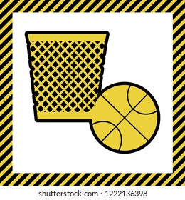 Trash sign illustration. Vector. Warm yellow icon with black contour in frame named as under construction at white background. Isolated.