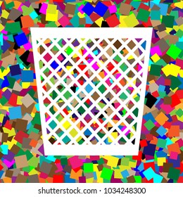 Trash sign illustration. Vector. White icon on colorful background with seamless pattern from squares.