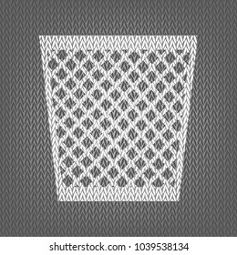 Trash sign illustration. Vector. White knitted icon on gray knitted background. Isolated.