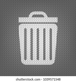 Trash sign illustration. Vector. White knitted icon on gray knitted background. Isolated.