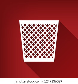 Trash sign illustration. Vector. White icon with limitless shadow at ruby red background.
