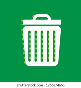 Trash sign illustration. Vector. White flat icon with yellow striped shadow at green background.