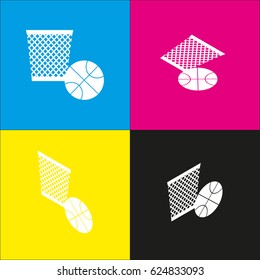 Trash sign illustration. Vector. White icon with isometric projections on cyan, magenta, yellow and black backgrounds.