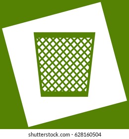 Trash sign illustration. Vector. White icon obtained as a result of subtraction rotated square and path. Avocado background.