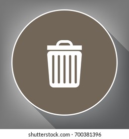 Trash sign illustration. Vector. White icon on brown circle with white contour and long shadow at gray background. Like top view on postament.