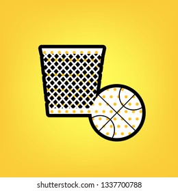 Trash sign illustration. Vector. Yellow polka dot white icon with black contour at warm yellow background.