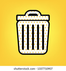 Trash sign illustration. Vector. Yellow polka dot white icon with black contour at warm yellow background.
