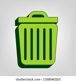 Trash sign illustration. Vector. Yellow green solid icon with dark green external body at light colored background.
