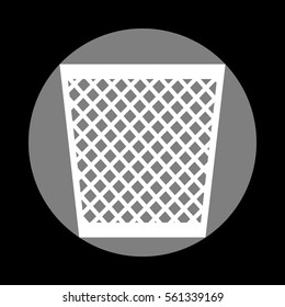 Trash sign illustration. White icon in gray circle at black background. Circumscribed circle. Circumcircle.