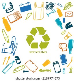 Trash  with sign of  Recycling. Garbage  of different materials. Vector silhouette illustration isolated on white background.