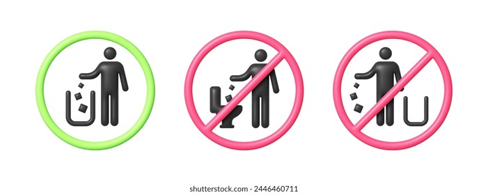 Trash sign set, great design for any purposes. Set no litter sign isolated on white background Vector illustration. Toilet sign. Warning icon