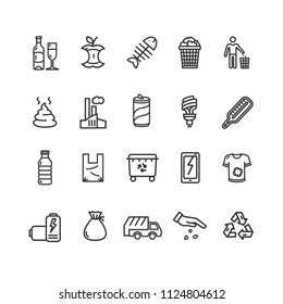 Trash Signs Schwarze dünne Linie Icon Set umfassen Papier, Tasche und Glas. Vektorgrafik von Symbolen