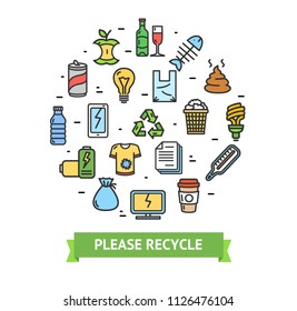 Trash Signs Round Design Template Thin Line Icon Please Recycle Concept for Marketing. Vector illustration of Color Outline Icons