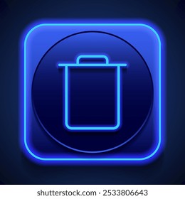 Trash simple icon vector. Flat design. Blue neon style on button. With shadow.ai