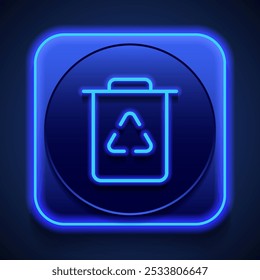 Trash simple icon, vector. Flat design. Blue neon style on button. With shadow.ai