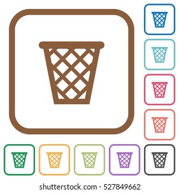 Trash simple icons in color rounded square frames on white background