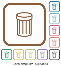 Trash simple icons in color rounded square frames on white background