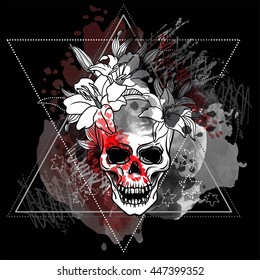 Trash Skull With Blood Splatter And Lily Flowers. Trash Polka Old School Tattoo Style. Watercolor, Dotwork. Sacred Geometry With Triangles Vector.