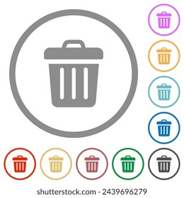 Iconos sólidos de color plano de la basura en contornos redondos sobre fondo blanco