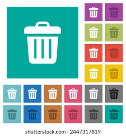 Trash solid multi colored flat icons on plain square backgrounds. Included white and darker icon variations for hover or active effects.