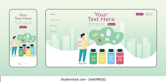Trash sorting adaptive landing page flat color vector template. Zero waste lifestyle, garbage segregation and recycling mobile and PC homepage layout, one page website UI Webpage cross platform design