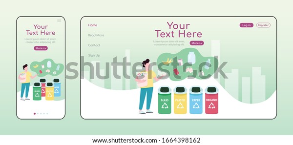 Trash sorting adaptive landing page flat color\
vector template. Zero waste lifestyle, garbage segregation and\
recycling mobile and PC homepage layout, one page website UI\
Webpage cross platform\
design