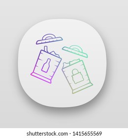 Trash sorting bins app icon. Trashcans for separating glass, paper waste. Rubbish containers for garbage separation. UI/UX user interface. Web or mobile applications. Vector isolated illustrations