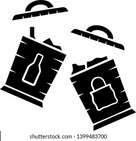 Trash sorting bins glyph icon. Trashcans for separating glass, paper waste. Rubbish containers for garbage separation. Silhouette symbol. Negative space. Vector isolated illustration