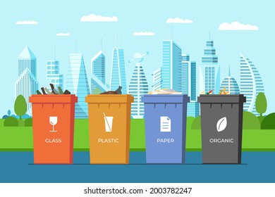 Trash sorting containers in modern city park. Paper, glass, plastic and organic garbage colourful bins for recycling on urban street. Rubbish dustbin set. Waste utilization and ecology save concept