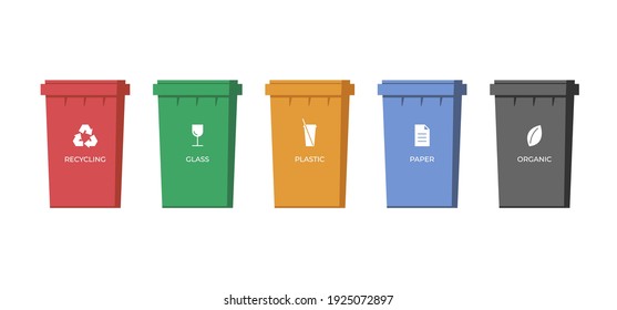 Trash sorting containers. Paper, glass, plastic and organic garbage colourful bins for recycling. Rubbish dustbin set. Waste utilization icons. Save environment and ecology vector concept illustration